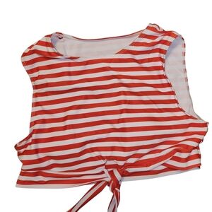 Striped Red and White  Waist Tye Patchwork Women's Swim Top